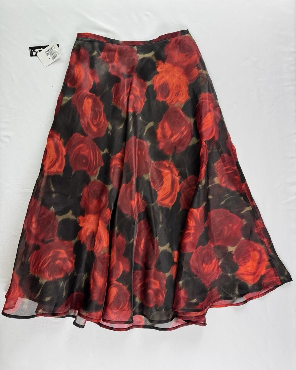 Muse 100% Silk Organza Skirt 4 XS Red Rose A Line Floral Black Flowy OOAK NWT